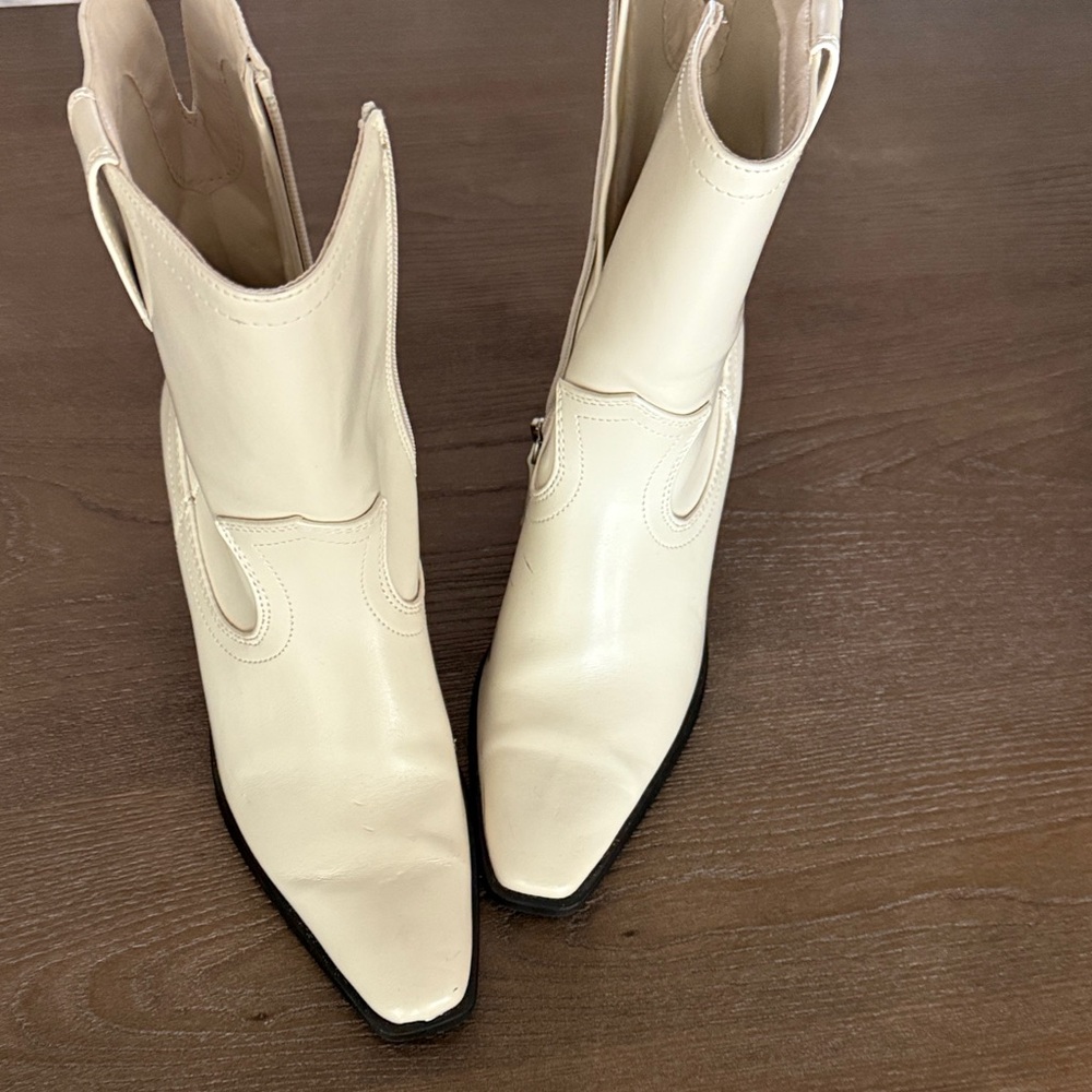Cream Pointed-Toe Western Ankle Boots - Women's Heeled Boots